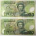 NEW ZEALAND 2002 . TWENTY 20 DOLLAR BANKNOTES . CONSECUTIVE PAIR